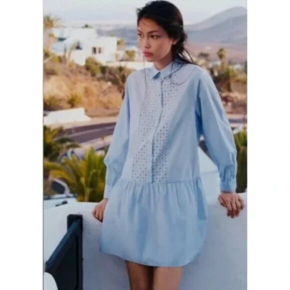 Zara Dresses & Skirts - Zara Blue Eyelet Embroidered Mini Shirt Dress Long‎ Sleeve Womens Medium